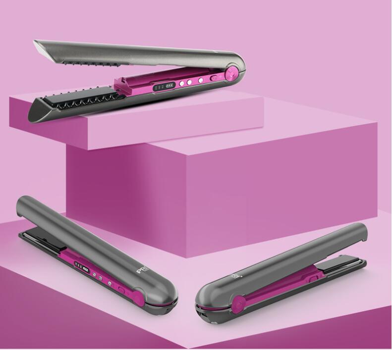 Purple 2-in-1 ceramic-coated hair straightener and curler with USB-C charging.