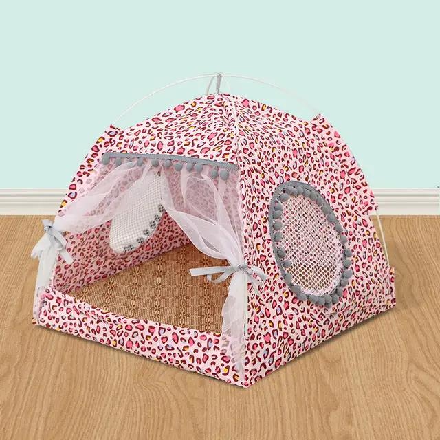Comfy Calming Pet Tent Bed for Small Dogs and Cats, pink leopard print with sheer curtains and circular mesh window.
