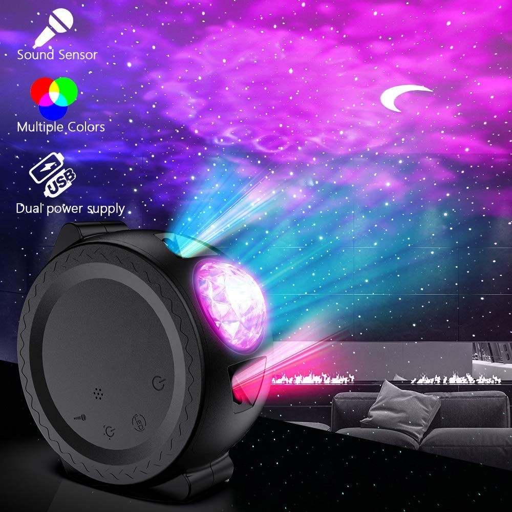 Laser projector casting green stars and an LED nebula cloud on a ceiling.