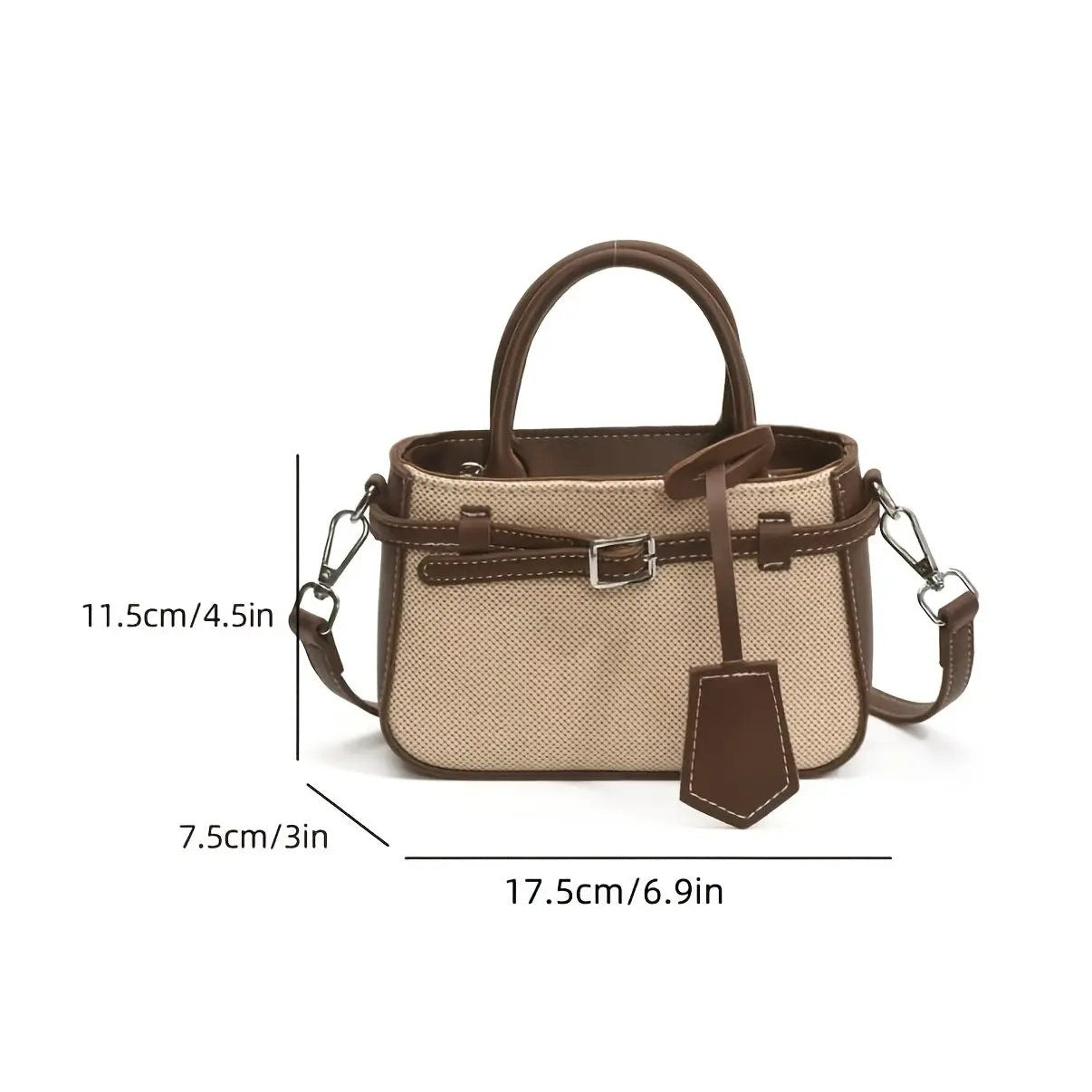 Commuter-friendly tote crossbody bag in beige with brown leather trim and dual handles