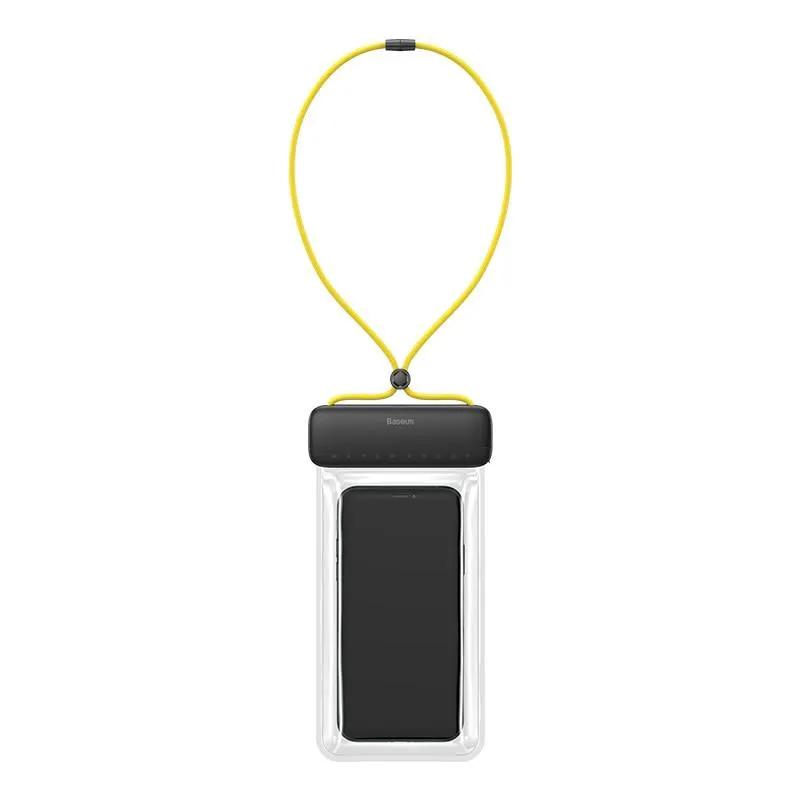 Floating waterproof phone pouch with yellow lanyard by Baseus for swimming; clear 7.2-inch phone sleeve