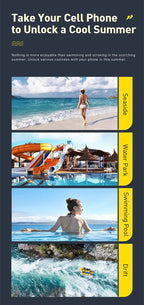 Stevvex Floating Waterproof Phone Bag 7.2 Inch; four-panel collage: seaside, water park, swimming pool, drift