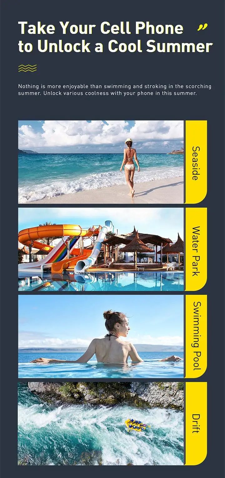 Stevvex Floating Waterproof Phone Bag 7.2 Inch; four-panel collage: seaside, water park, swimming pool, drift