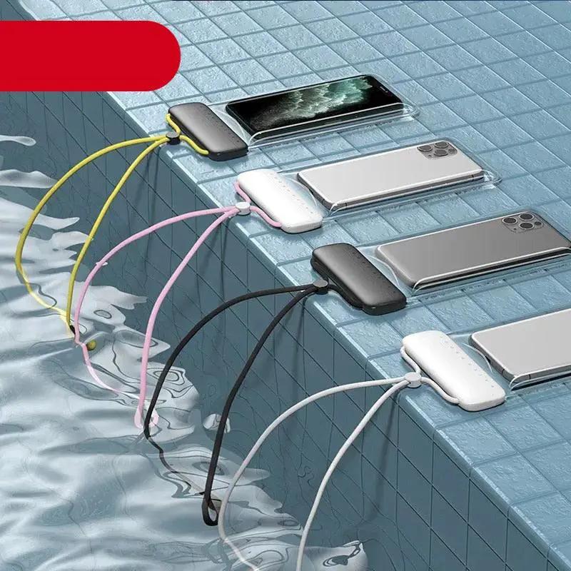 Stevvex floating waterproof phone pouches (7.2 inch) with colored lanyards, six pouches shown for swimming and beach use