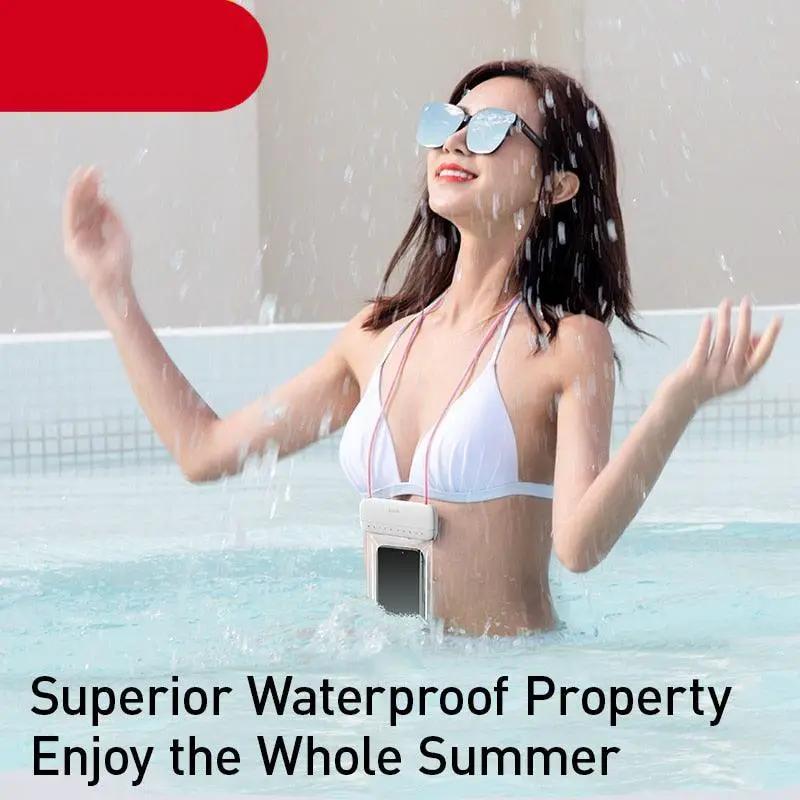 Floating waterproof phone pouch by Stevvex, white 7.2-inch case worn around neck for swimming.