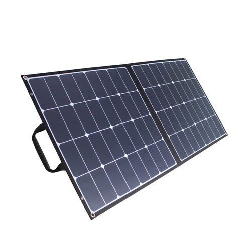 ACOPOWER 100W monocrystalline foldable solar panel unfolded with kickstands.