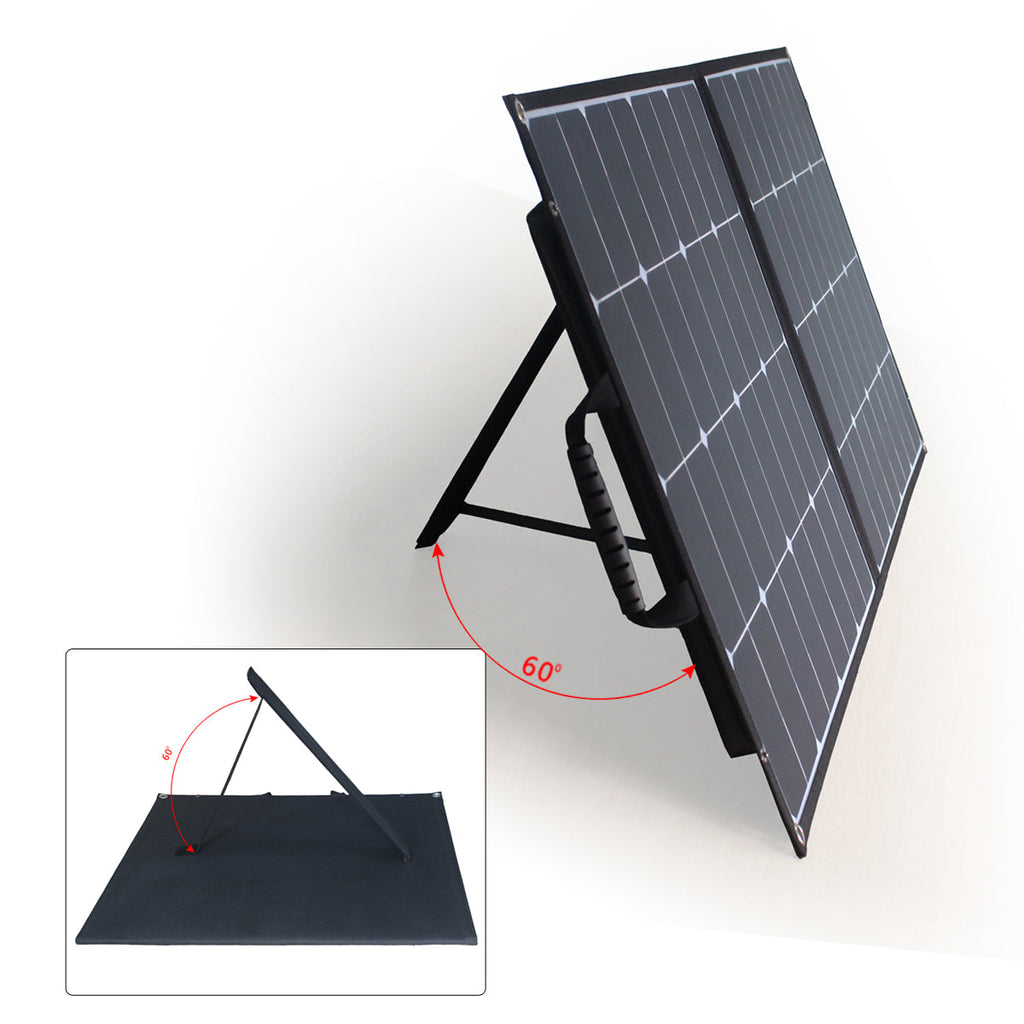 Close-up of the ACOPOWER 100W solar panel handle and kickstand.