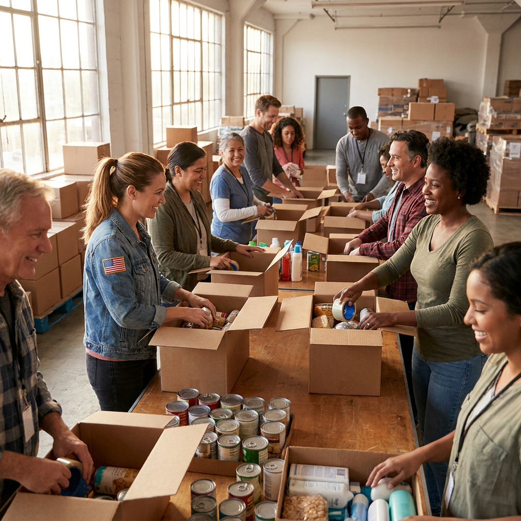 Give back - volunteers packing donation boxes