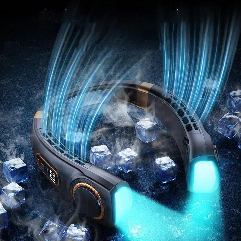 Hanging neck fan Stevvex bladeless with blue LED light for hands-free cooling
