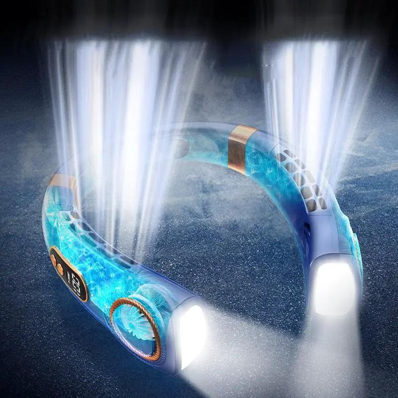 Stevvex hanging neck fan in blue, bladeless wearable personal fan with LED lights
