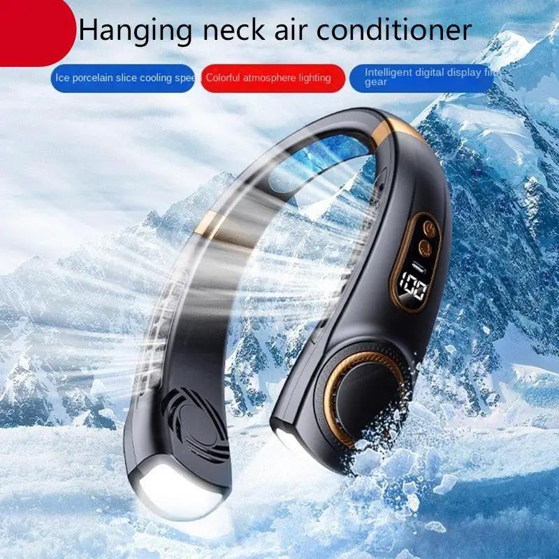 Stevvex Hanging Neck Fan bladeless LED display black with gold trim 5 speeds hands-free cooling