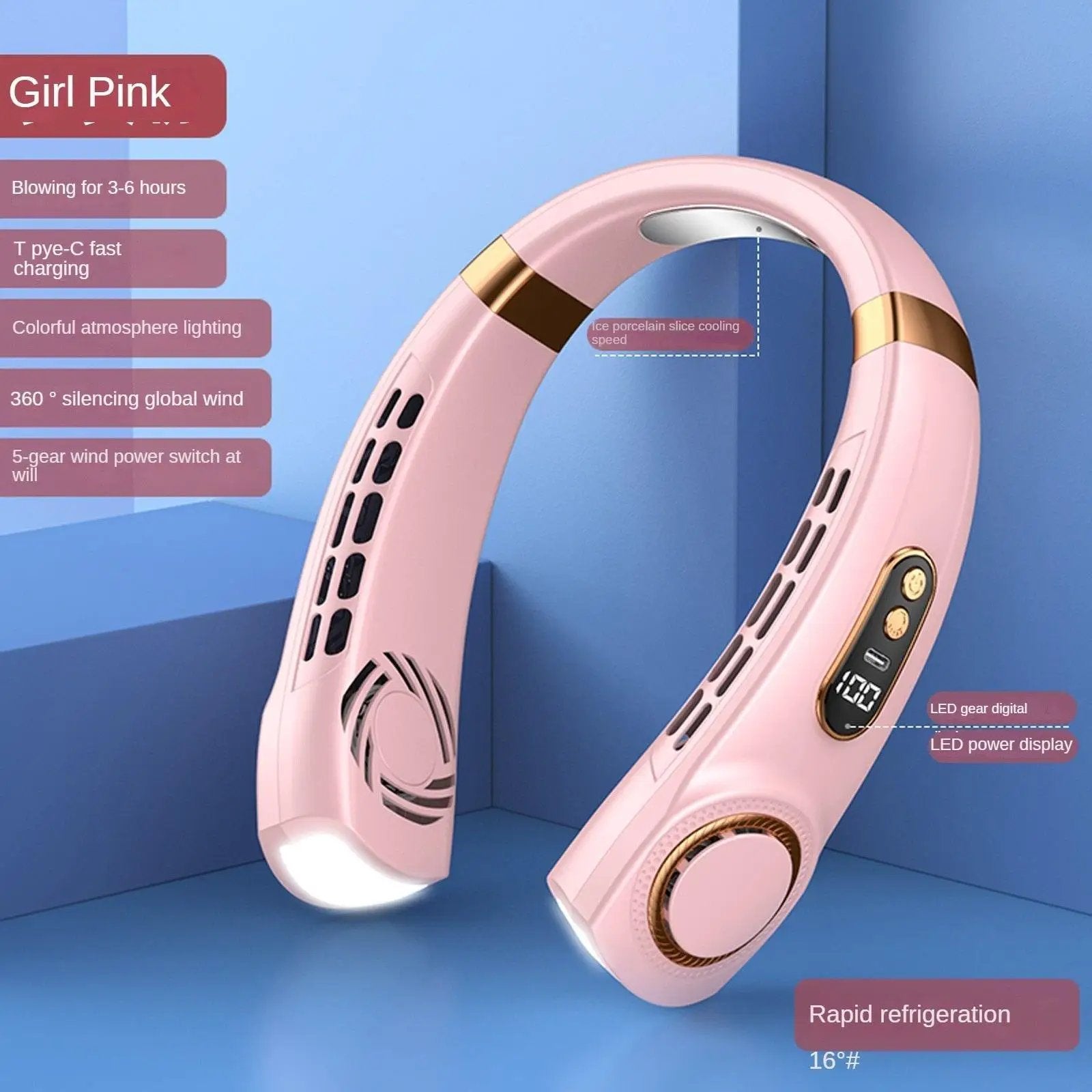 Stevvex pink hanging neck fan, bladeless portable wearable with LED display and Type-C charging
