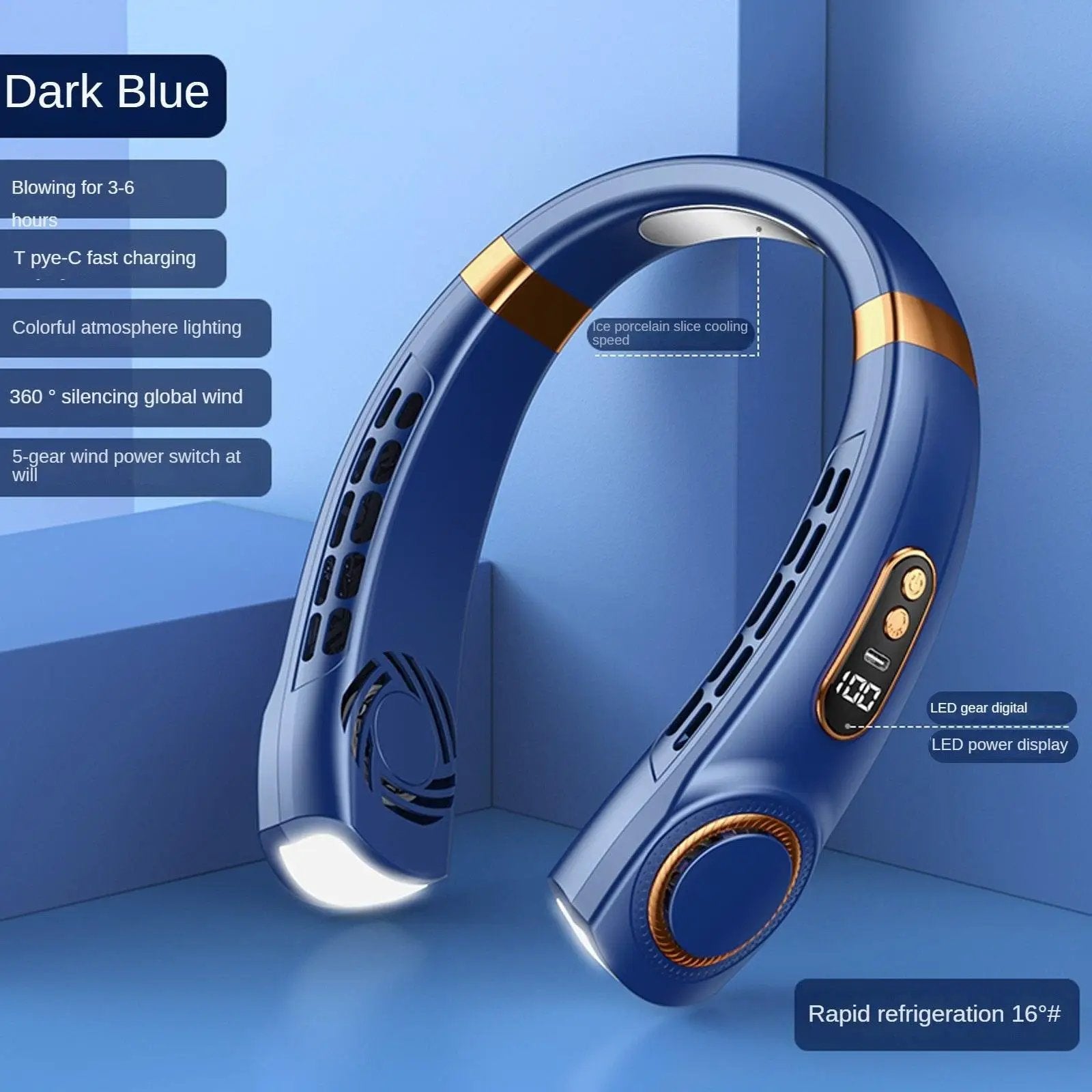 Stevvex hanging neck fan, dark blue bladeless wearable with light, USB-C rechargeable, 5 speeds.