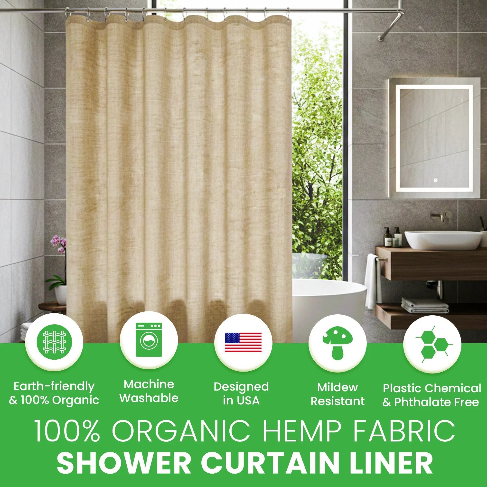 Organic Hemp Shower Curtain for Natural Plastic Free Bath Tub and Stall Sizes Made in USA by Bean Products