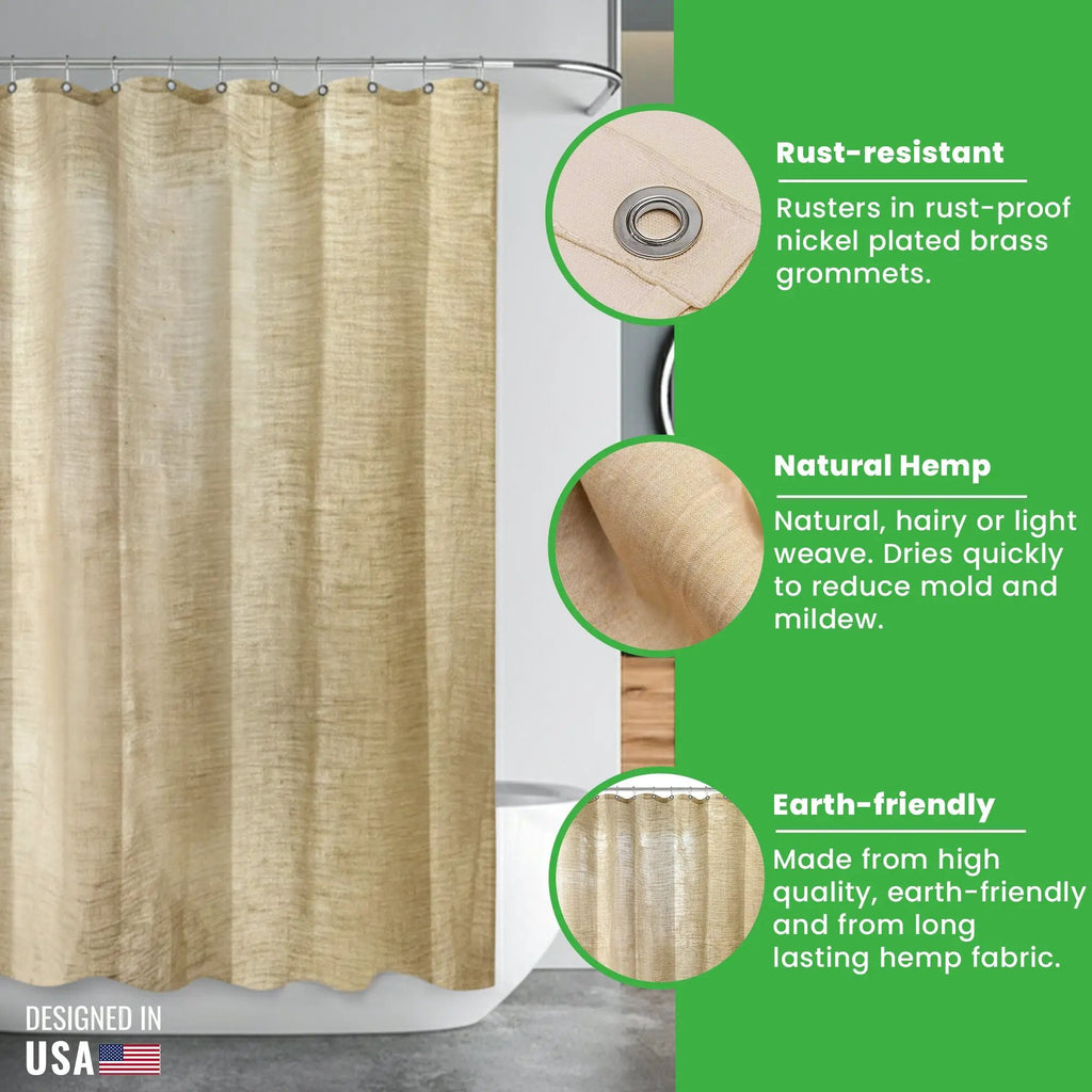 Organic Hemp Shower Curtain for Natural Plastic Free Bath Tub and Stall Sizes Made in USA by Bean Products