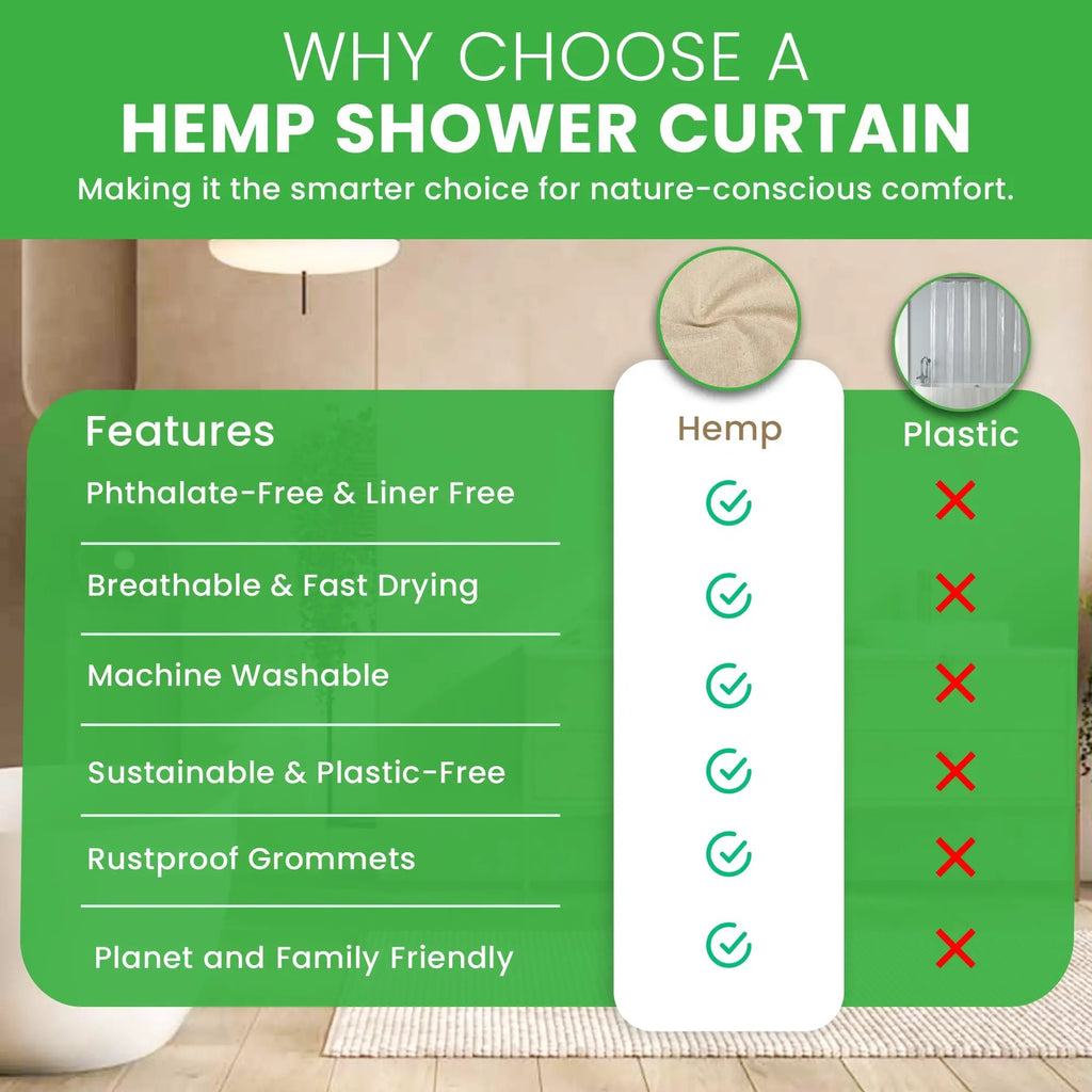 Organic Hemp Shower Curtain for Natural Plastic Free Bath Tub and Stall Sizes Made in USA by Bean Products