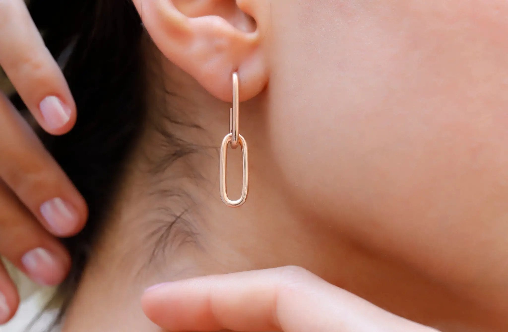 Chunky Link Chain Earrings in rose gold by silvergoldandrose; long oval drop links.