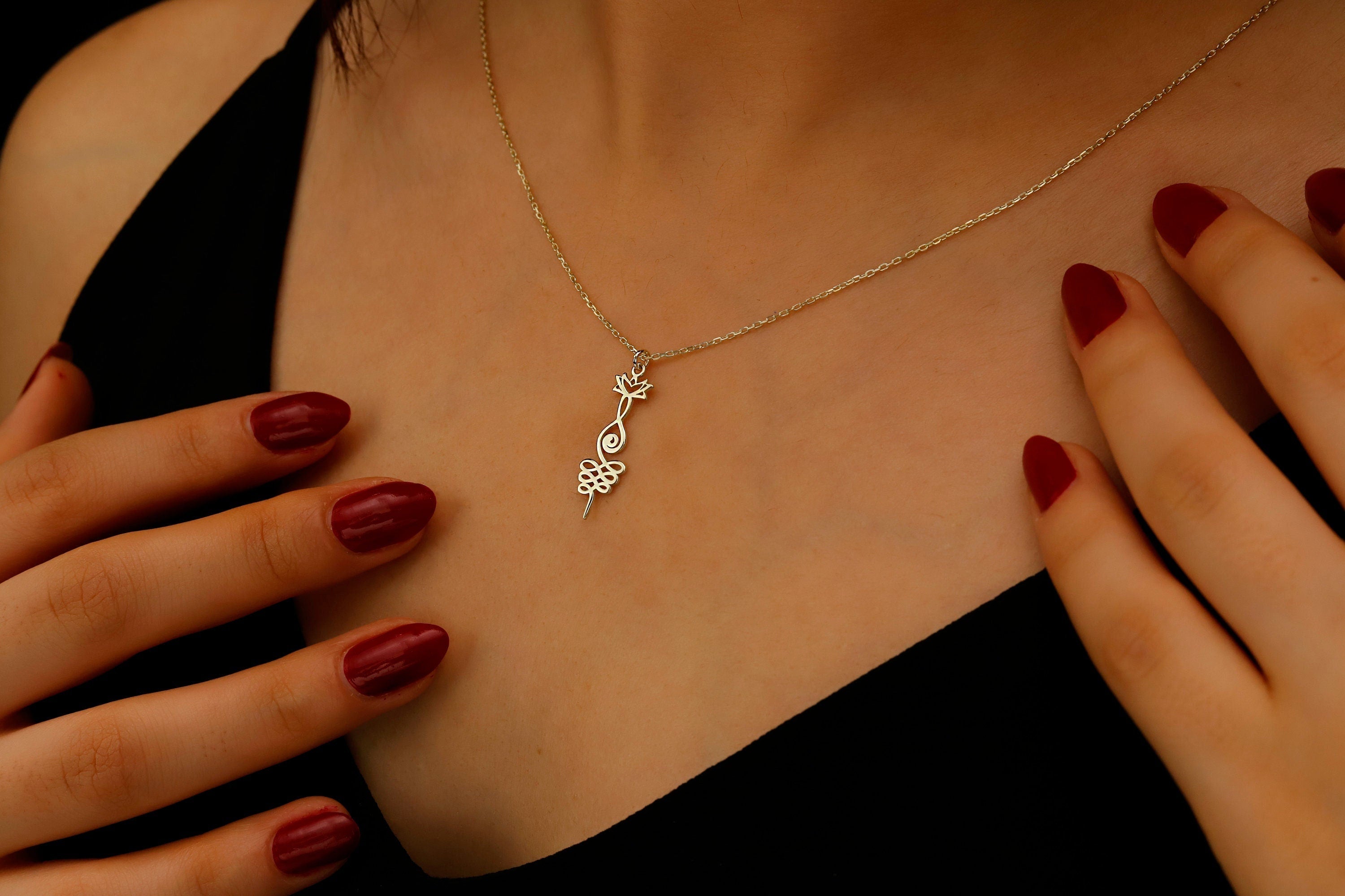 Lotus Unalome Necklace - Sterling Silver Yoga Symbol of Enlightenment