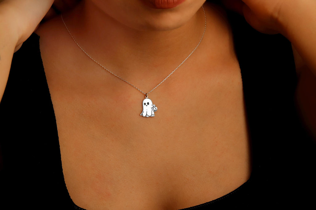 Silver Ghost Necklace with Pumpkin Charm | Spooky Halloween Jewelry