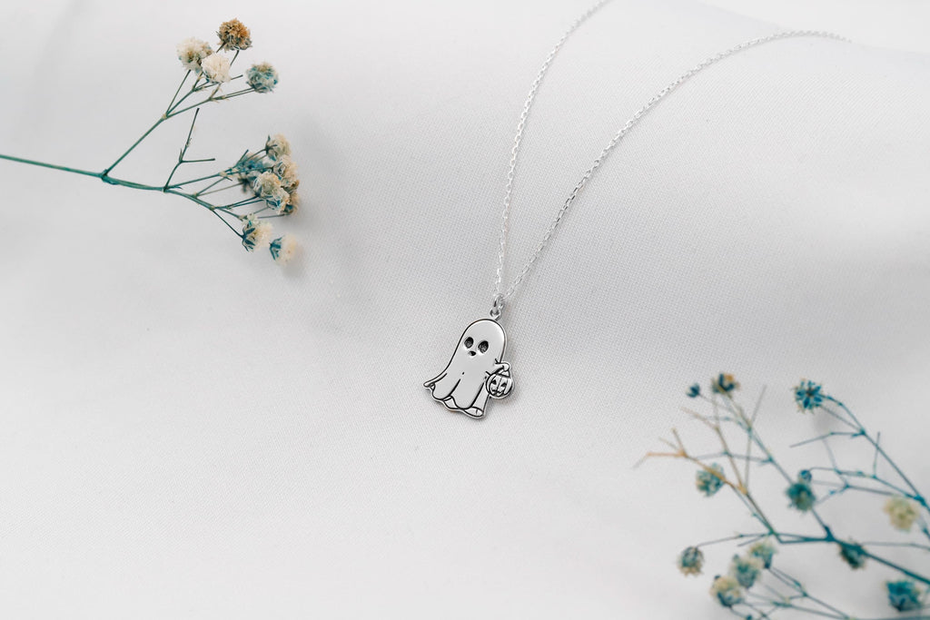 Silver Ghost Necklace with Pumpkin Charm | Spooky Halloween Jewelry