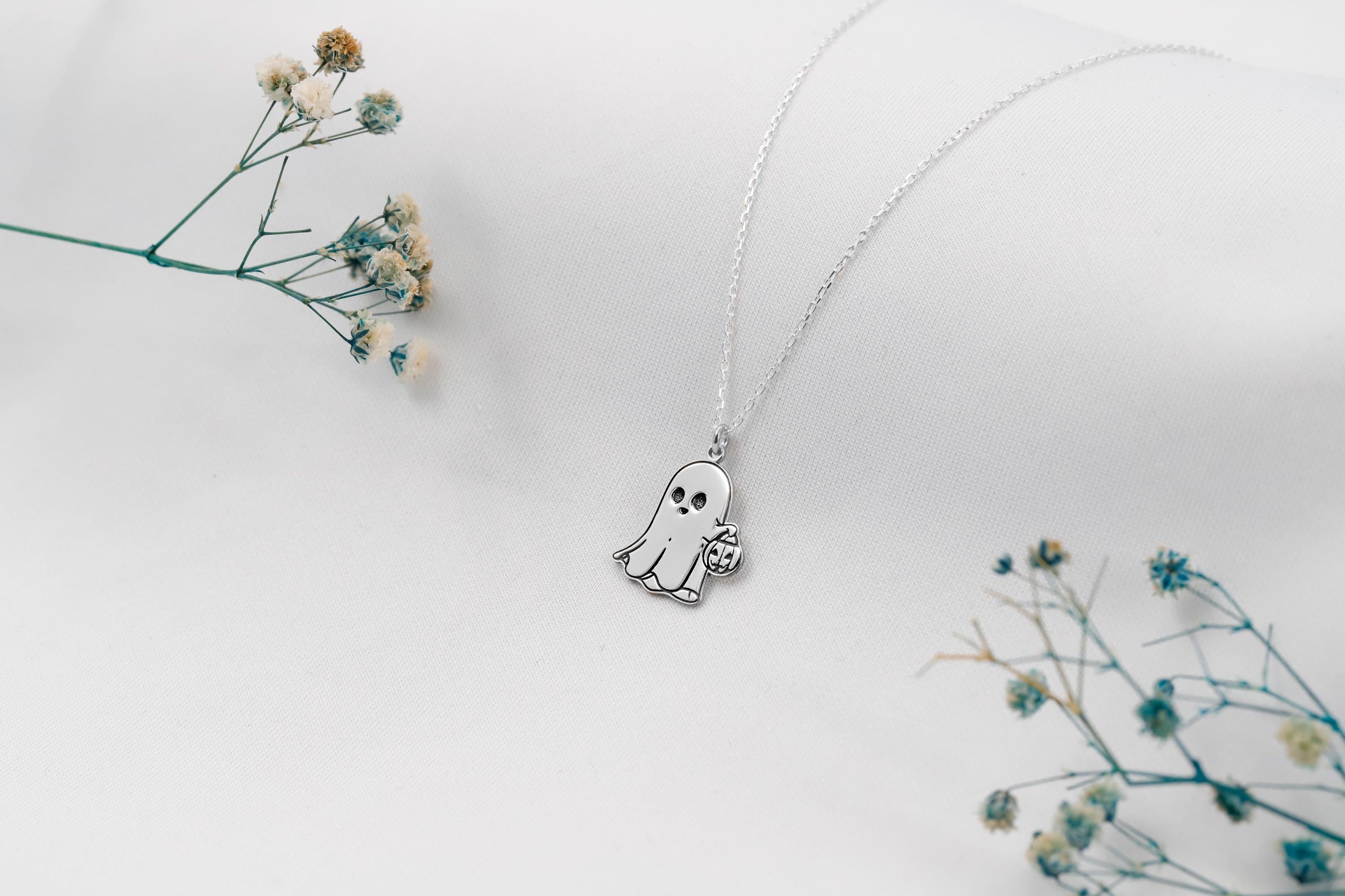 Silver Ghost Necklace with Pumpkin Charm | Spooky Halloween Jewelry