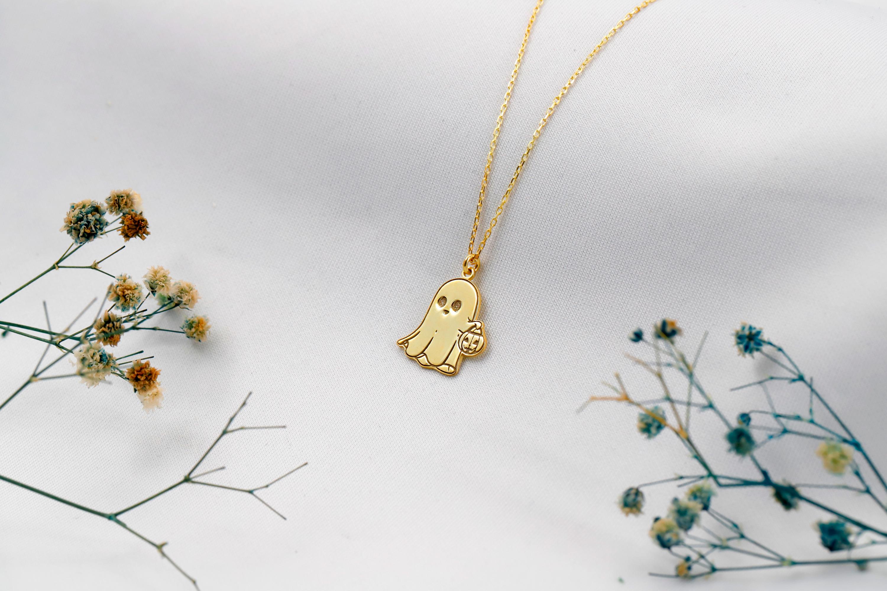 Silver Ghost Necklace with Pumpkin Charm | Spooky Halloween Jewelry