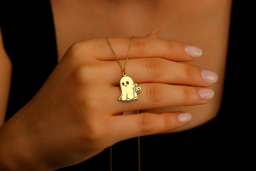 Silver Ghost Necklace with Pumpkin Charm | Spooky Halloween Jewelry