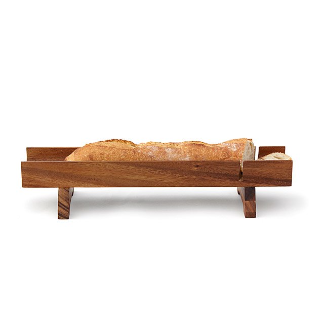 Kronberg acacia wood French bread slicer with guided knife slots.
