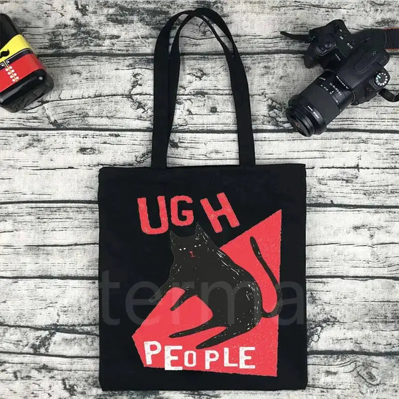 Kpop Tote Bag black shopper with red UGH PEOPLE graphic design