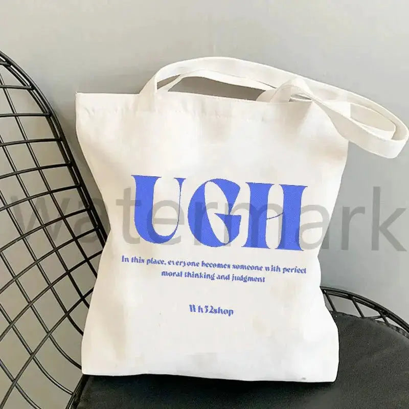 Kpop tote bag white canvas with bold blue UGH graphic, casual shopping tote