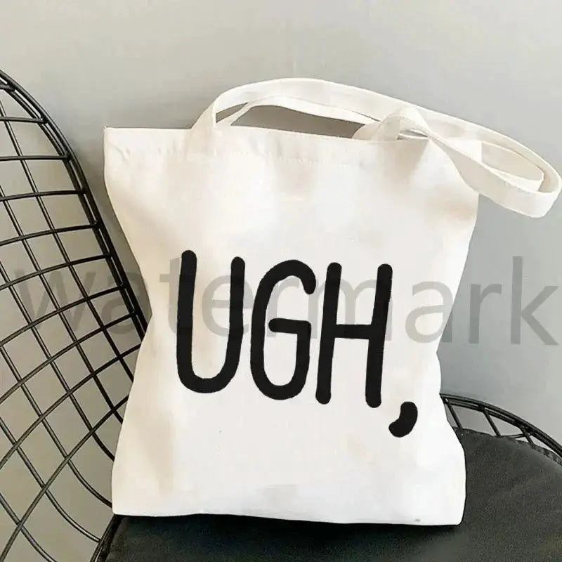 Tote bag, white canvas with bold black UGH print for casual shopping tote