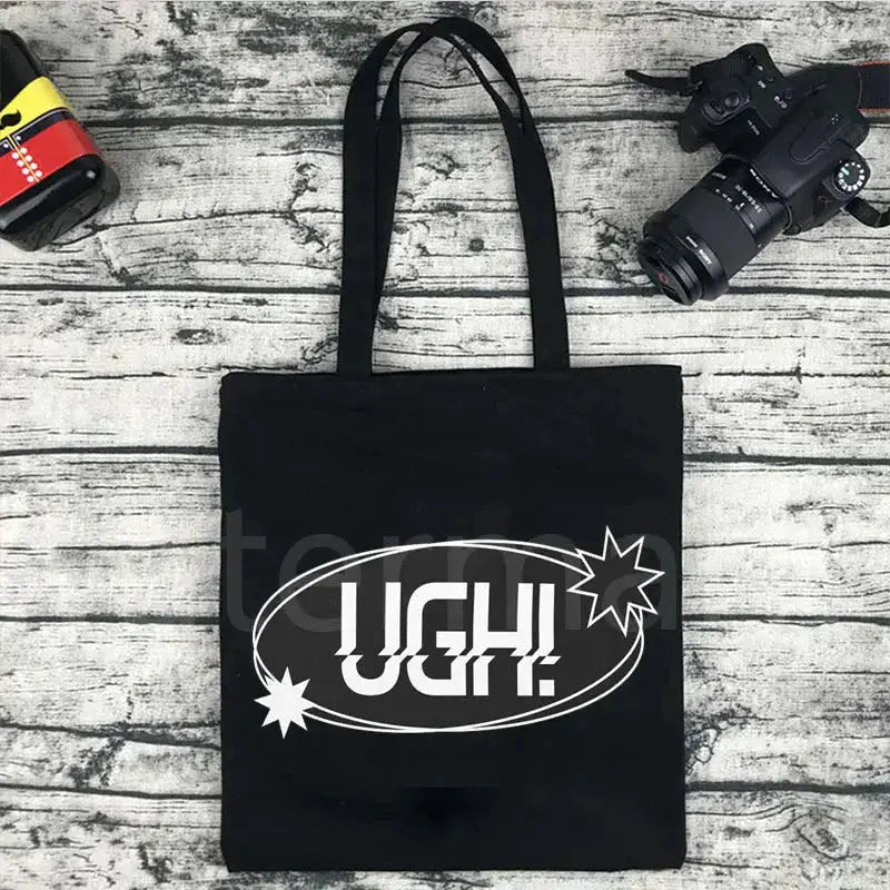 Kpop tote bag in black canvas with UGH! graphic print for casual shopping
