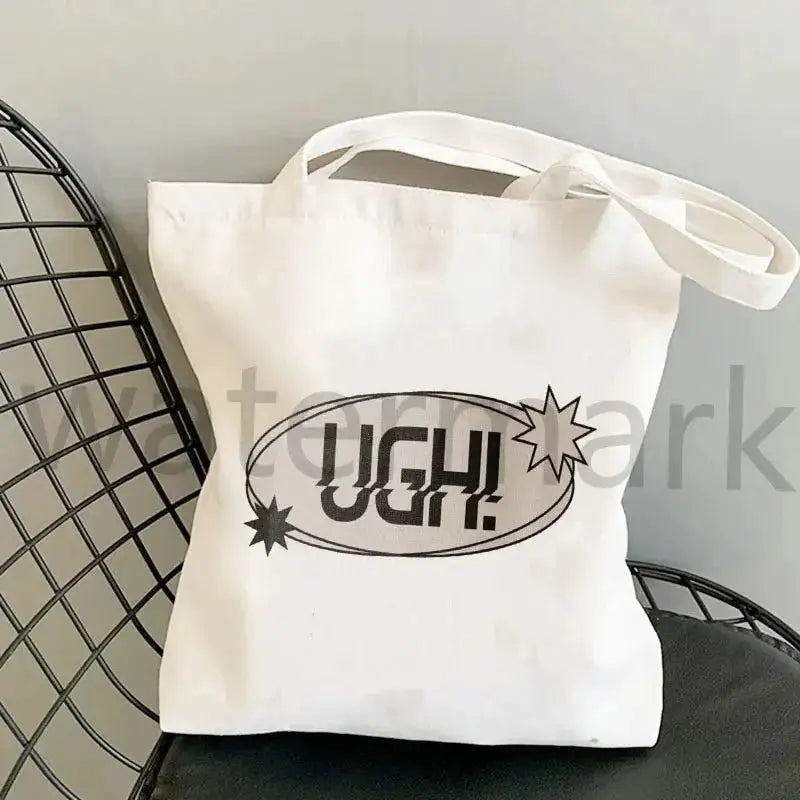 Kpop tote bag by WIVAStore; white canvas tote with Ugh! graphic and starburst accents