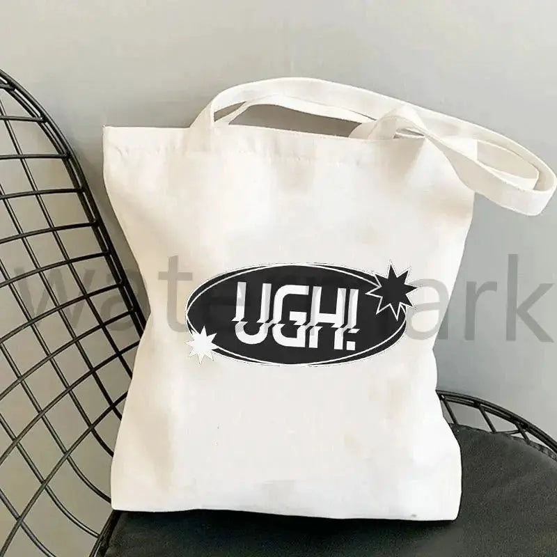 Kpop tote bag white canvas shopper with black oval UGH! logo