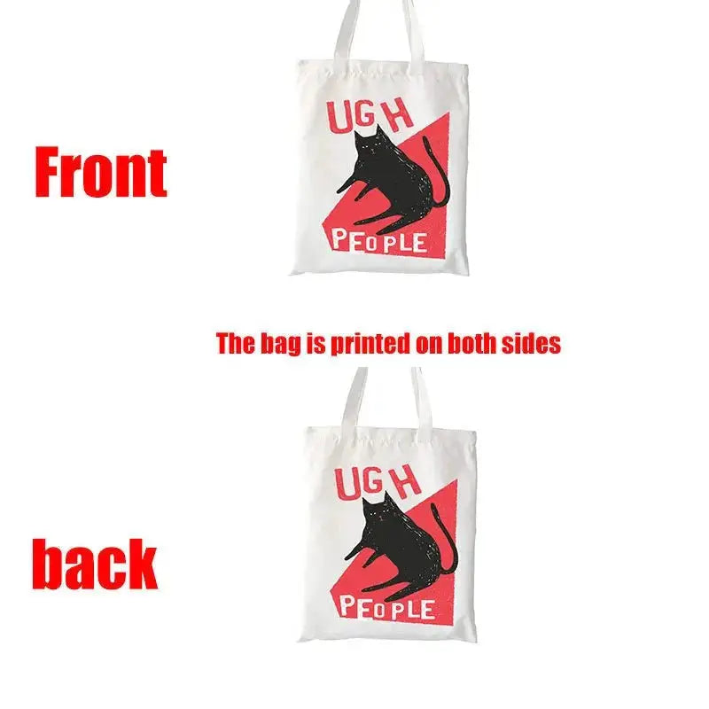 WIVAStore Kpop Tote Bag, white canvas shopping tote with UGH PEOPLE cat graphic, printed on both sides