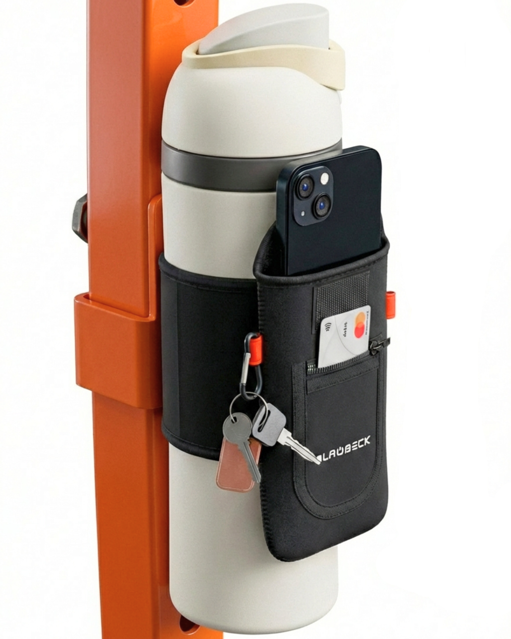 BLAUBECK Magnetic Bag with water bottle sleeve and large phone holder; black pouch with keys.