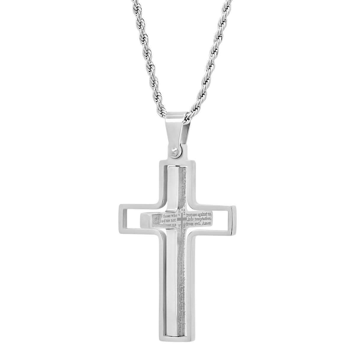 Men's stainless steel Our Father English Prayer rotating cross pendant necklace, DailySale