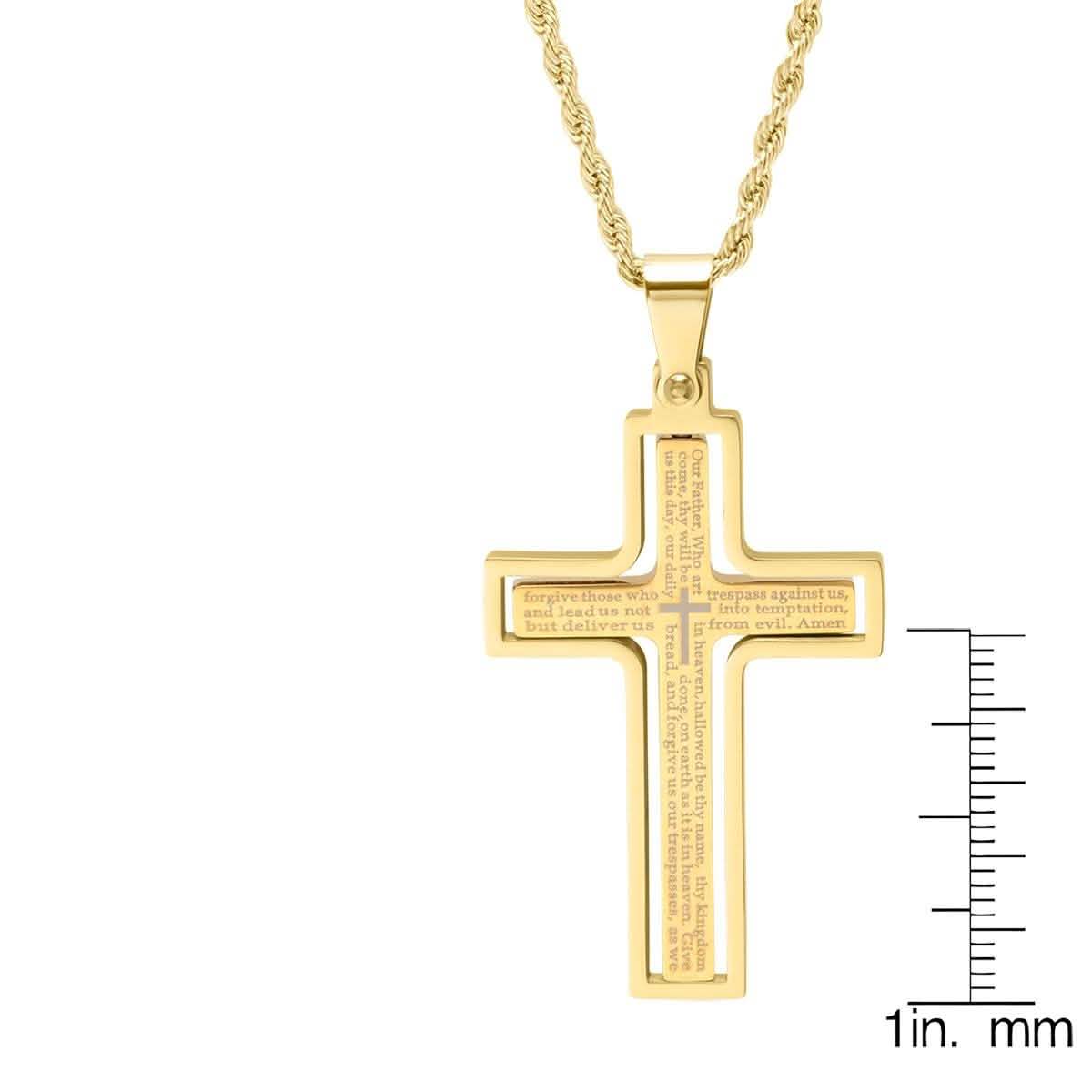 Men's gold-tone rotating cross pendant necklace with Our Father prayer inscription.