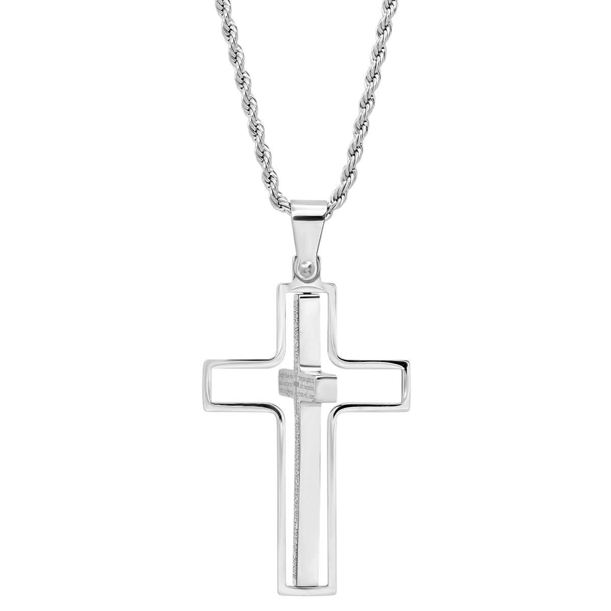 Men's stainless steel Our Father rotating cross pendant necklace