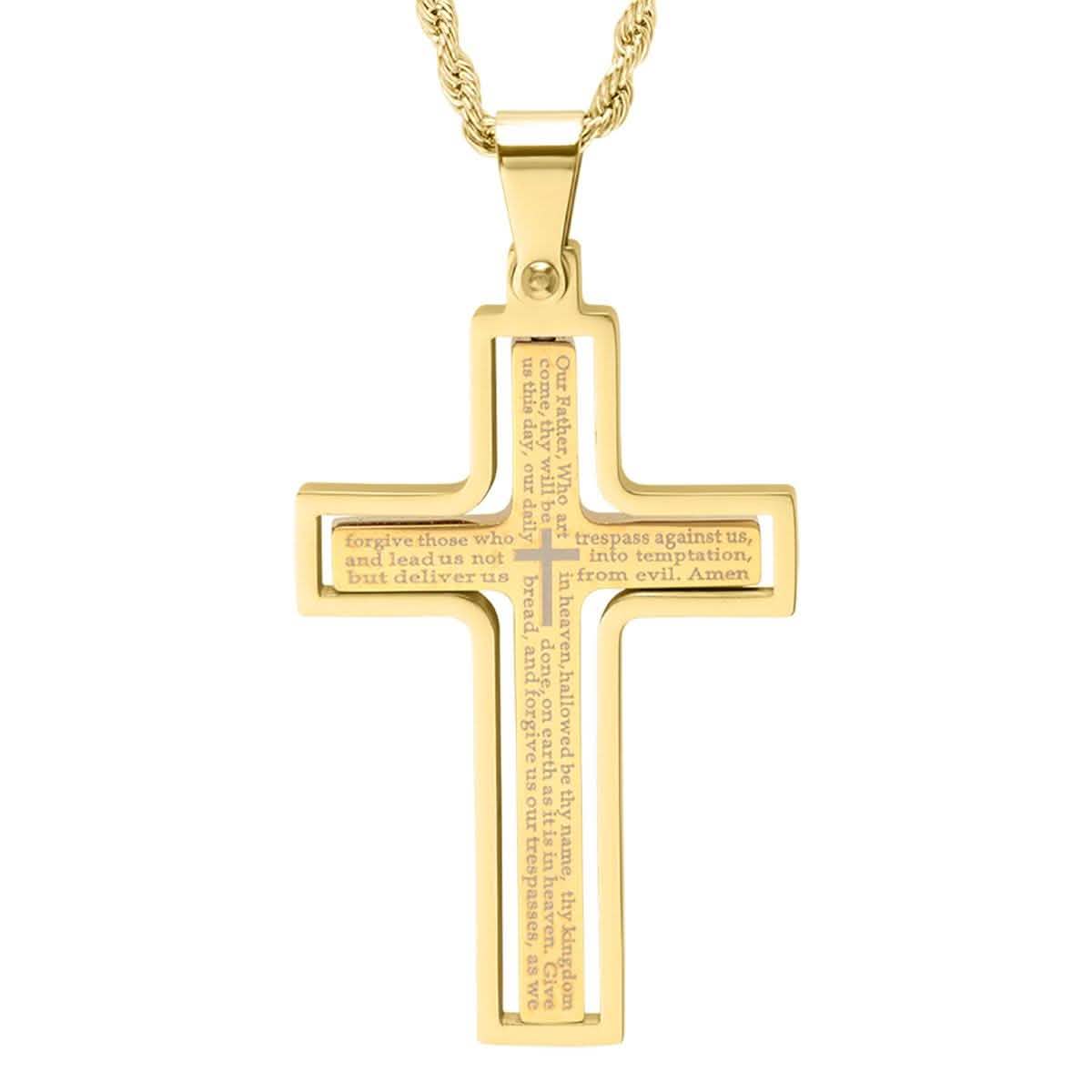Men's stainless steel Our Father rotating cross pendant necklace in gold tone