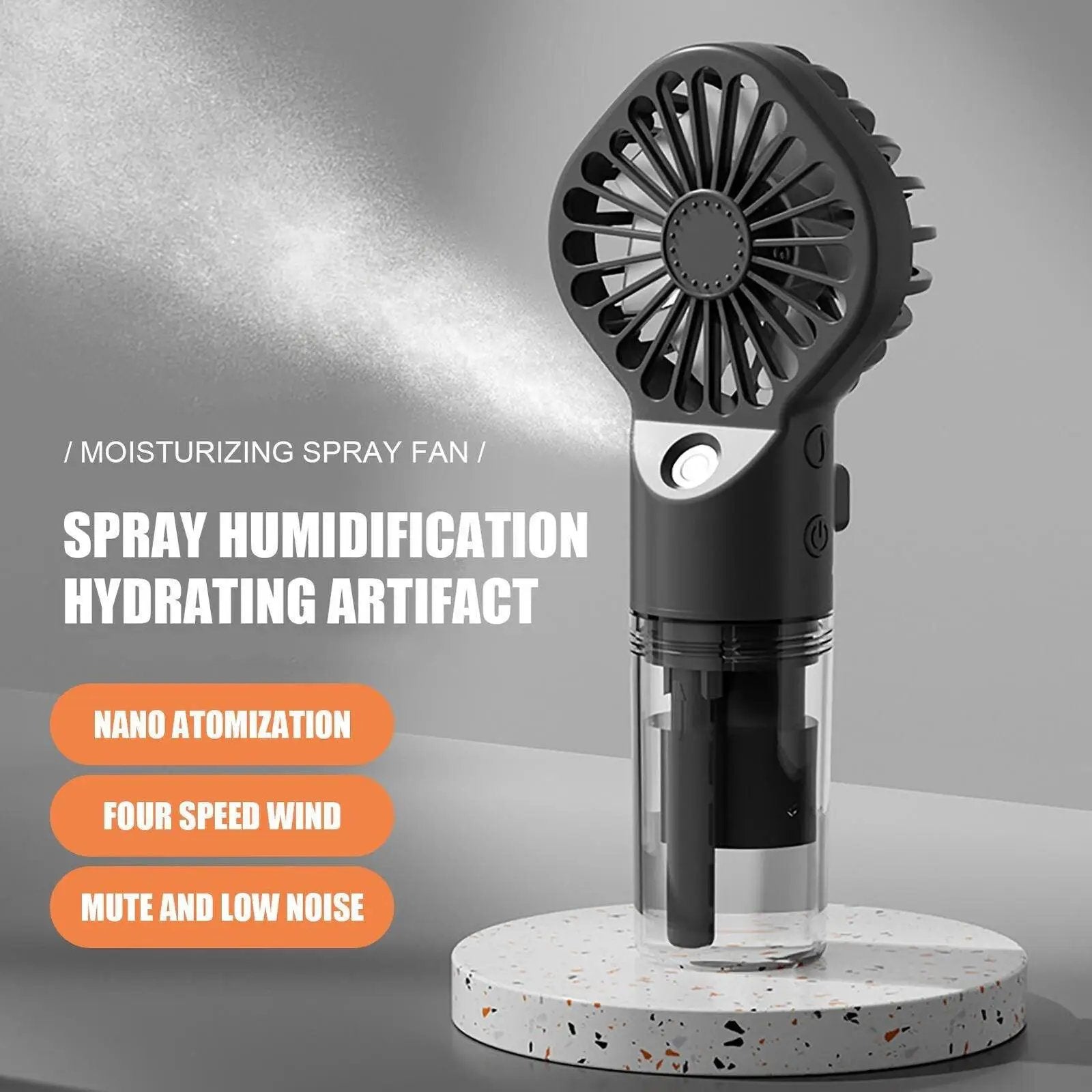 Stevvex dark gray portable handheld misting fan with spray nozzle, USB rechargeable, four-speed operation