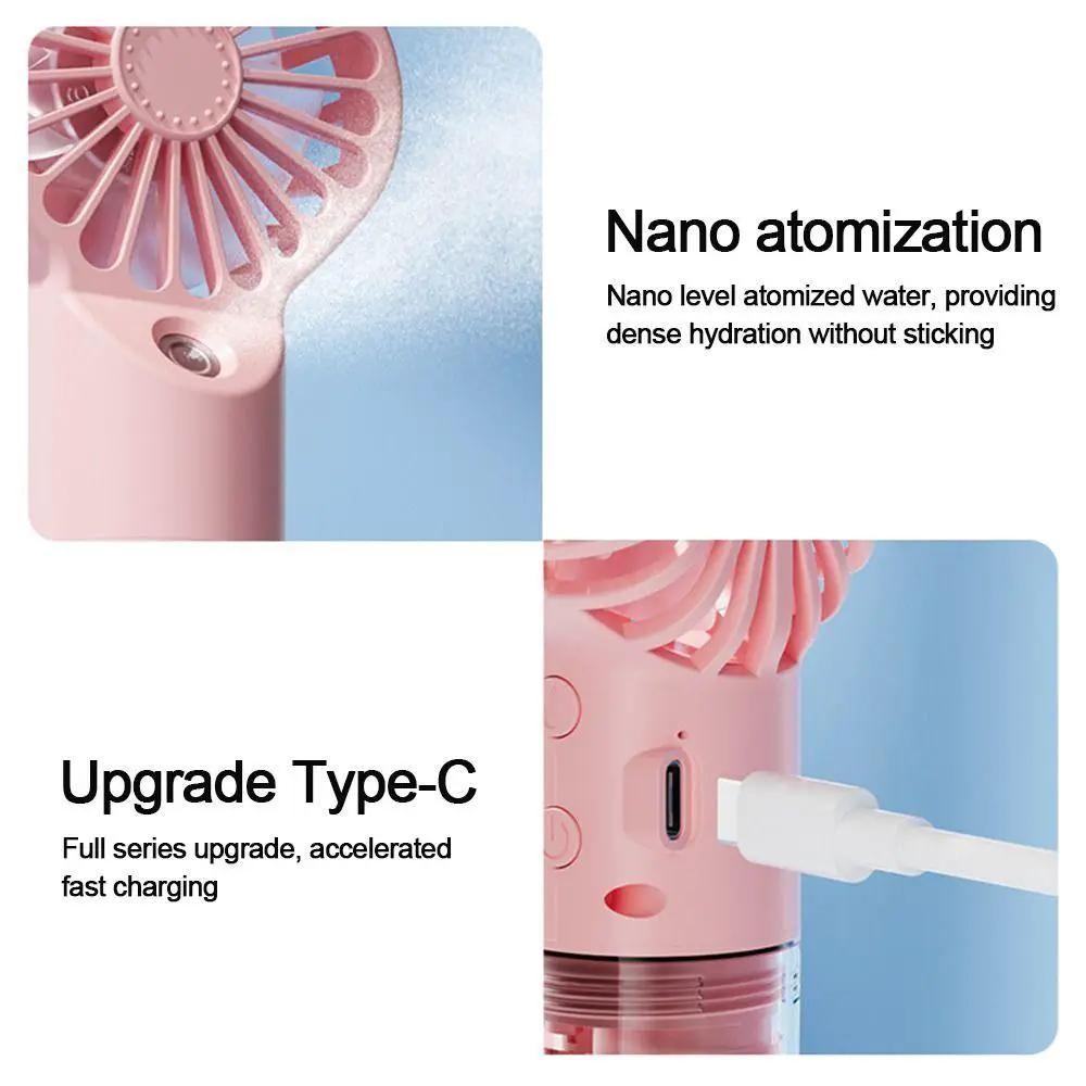 Stevvex pink handheld fan with USB-C charging and water-mist spray, 4-speed portable.