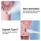 Stevvex pink handheld fan with USB-C charging and water-mist spray, 4-speed portable.