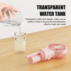 Stevvex pink portable handheld misting fan with transparent water tank, USB rechargeable.