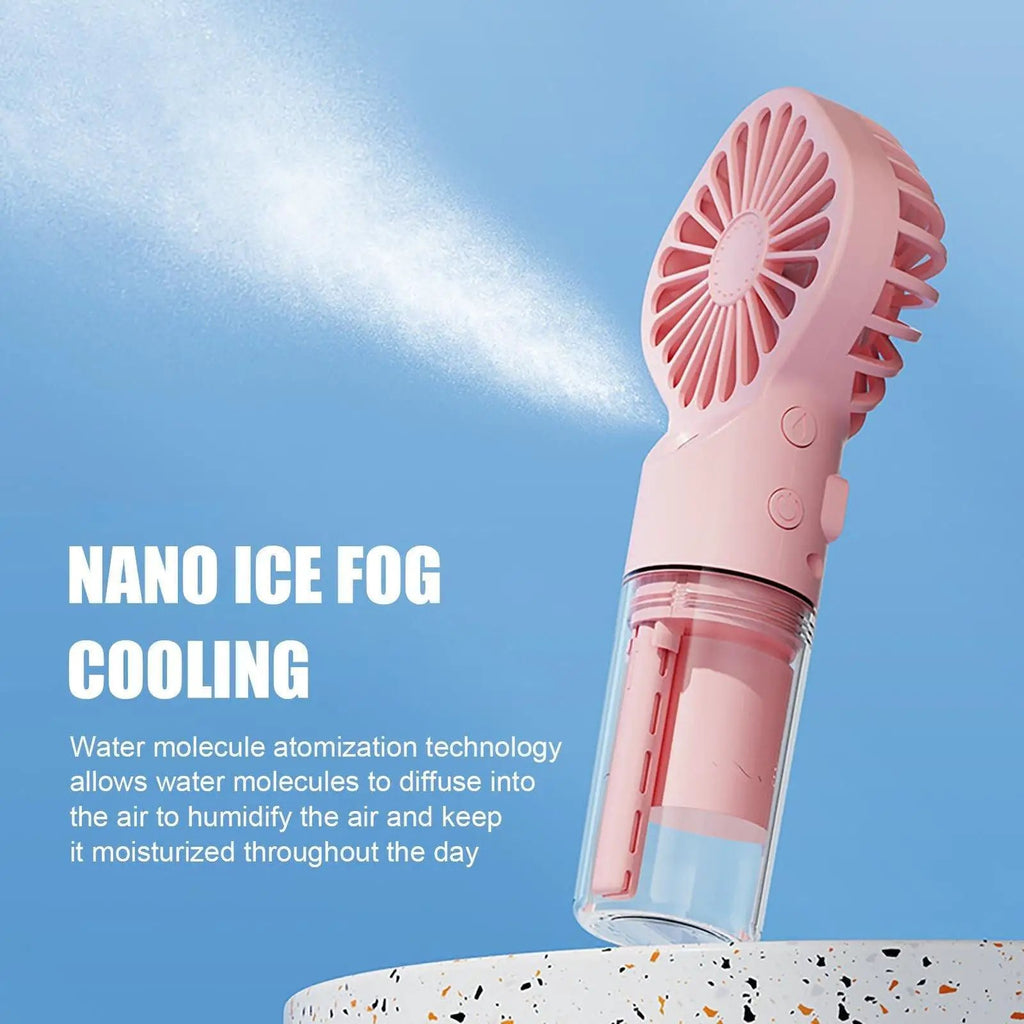 Stevvex pink portable handheld misting fan with USB recharge, 4-speed, water spray