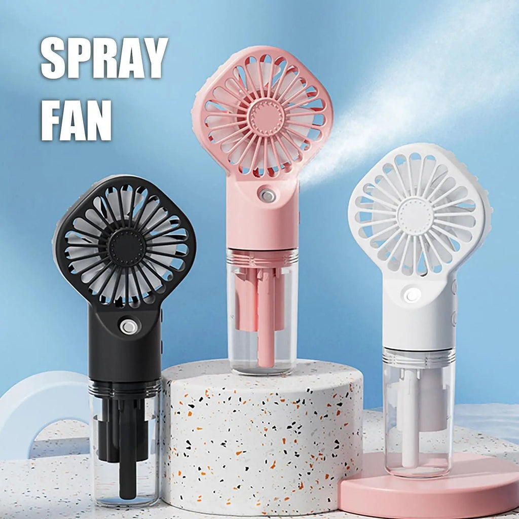 Handheld spray fan by Stevvex; USB rechargeable mini fan in black, pink, white with water-mist cooling.
