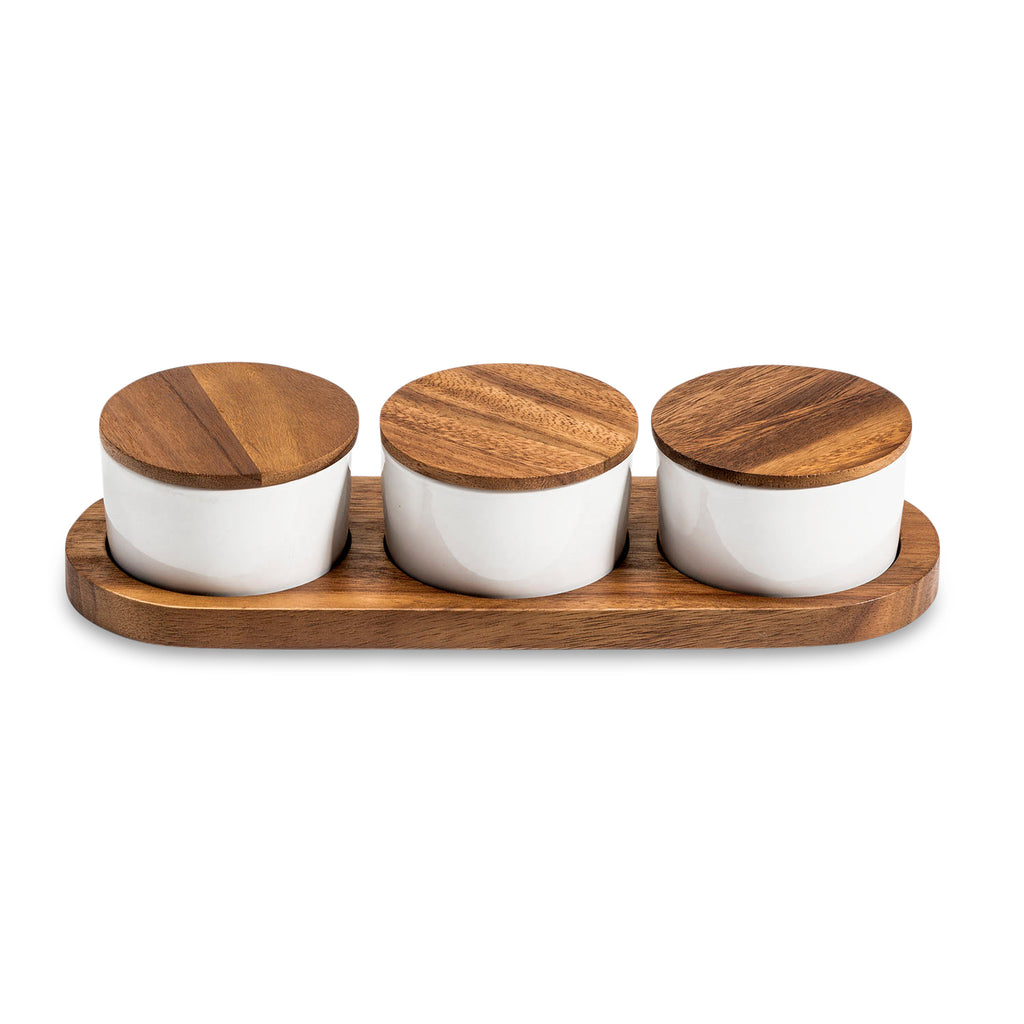 Acacia wood condiment serving set with three lidded ceramic bowls.