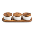 Acacia wood condiment serving set with three lidded ceramic bowls.