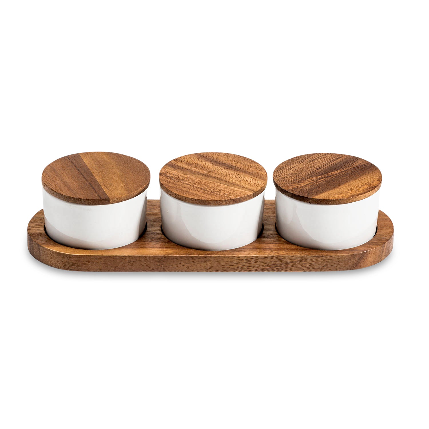 Acacia wood condiment serving set with three lidded ceramic bowls.