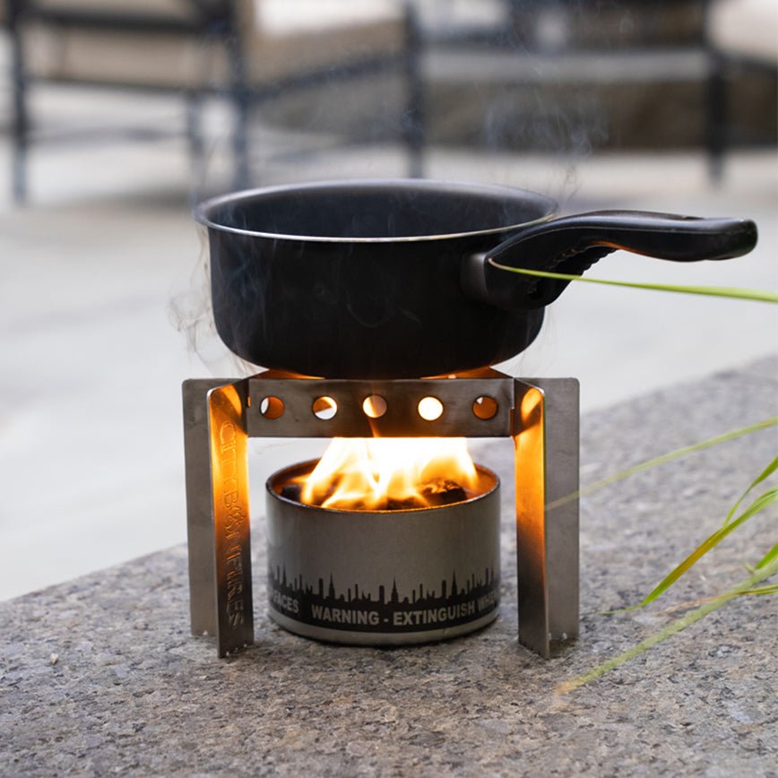 City Bonfires collapsible stainless steel camp stove, cooker, and trivet.
